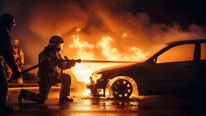 Firefighter in protective gear sprays hose at burning car on city street, dramatic night emergency scene symbolizing safety service and heroic rescue work.
