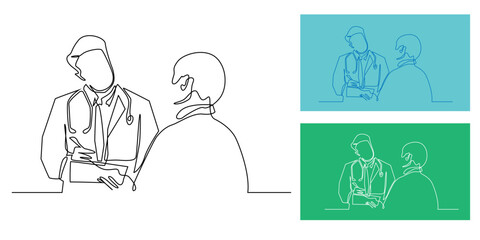 Continuous line drawing of a patient consulting a doctor. Minimalist one-line healthcare illustration. Medical consultation, hospital, clinic, treatment discussion.