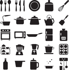 Collection of kitchen utensils and appliances in black silhouette