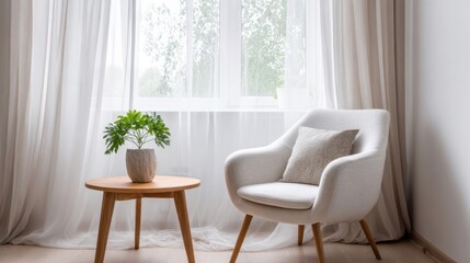 Modern minimalist interior with cream armchair, wooden side table, green potted plant, floor to ceiling windows,