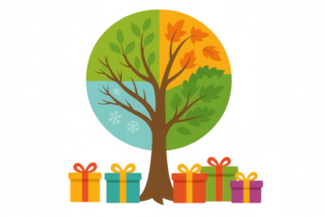 Tree representing four seasons with gifts, symbolizing nature's annual cycle, celebration, and giving