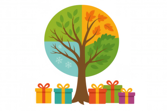 Tree representing four seasons with gifts, symbolizing nature's annual cycle, celebration, and giving
