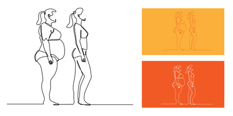Continuous line art of overweight woman and slim woman. Minimalist body transformation illustration symbolizing diet, fitness, health, weight loss, and lifestyle change.