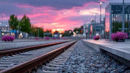 Obraz premium Railway Tracks at Sunset with Vibrant Pink Clouds Reflecting on the Rails in a Station Setting