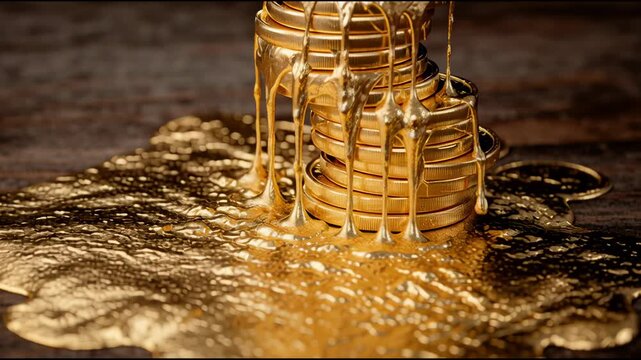 Golden coins and Melted Gold: A close-up shot captures a pile of golden coins, with molten gold cascading down, glistening with a luxurious sheen, evoking notions of wealth and prosperity.