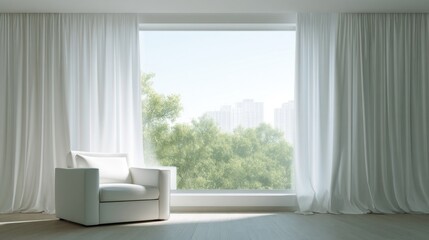 A minimalist room with a large window and sheer white curtains bathed in natural light, green foliage view,