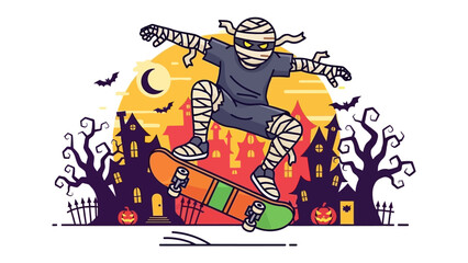 Halloween Mummy on Skateboard: A spirited mummy, adorned in traditional bandages, performs a daring skateboard trick beneath a bewitching Halloween moon and spooky silhouettes.