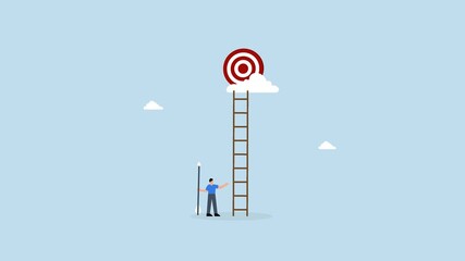 Dream big aim high, determined entrepreneur grips dart aims for lofty target in the sky