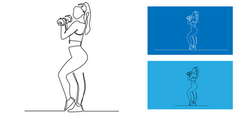 Continuous line art of a woman lifting dumbbell. Minimalist fitness illustration symbolizing workout, strength, health, gym, and active lifestyle for women.