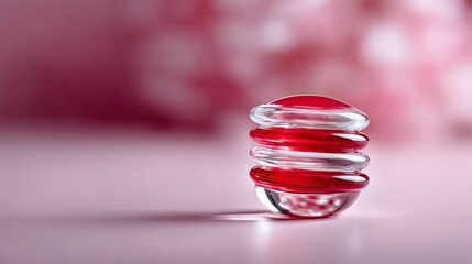 Red and Clear Layered Glass Object on Light Pink Surface with Blurred Floral Background in Soft Lighting Elegant Still Life Close Up