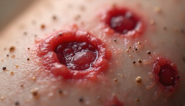 Close-up illustration of skin affected by hidradenitis suppurativa. Visible painful fistulas red irritated skin. Medical concept of dermatology disease, inflammation, abscess.