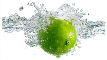 Vibrant green lime plunging into crystal-clear water