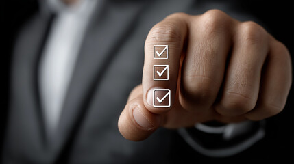 Selection: Symbol of Achievement: A close-up shot of a hand pointing to a checkmark, symbolizing success, decision-making, and task completion, conveying efficiency, goals, and evaluation.