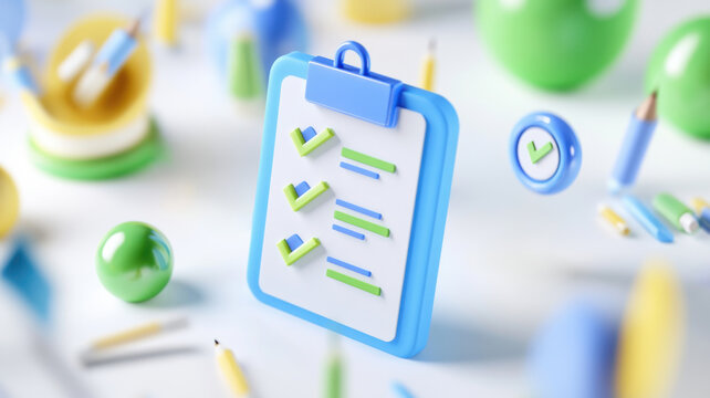 Isometric 3d rendering of floating checklist with geometric icons in pastel blue and green. Survey research answer checklist