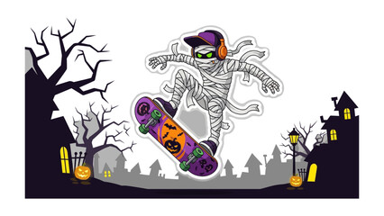 Halloween Mummy on Skateboard: A spirited illustration features a playful mummy showcasing skateboarding talent, accompanied by eerie elements for the holiday