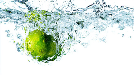 Vibrant green lime plunging into crystal-clear water