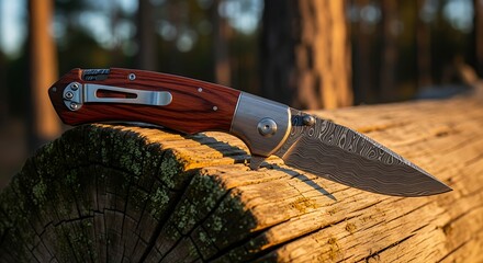 Red Handle Folding Knife on Wooden Log.