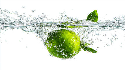 Vibrant green lime plunging into crystal-clear water