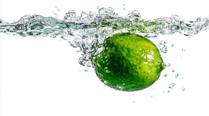 Vibrant green lime plunging into crystal-clear water