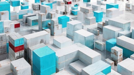 Numerous weathered shipping containers stacked outdoors with rusted surfaces,