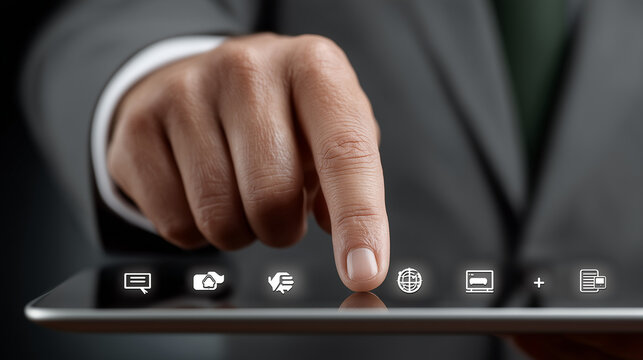 Digital Interaction: A well-dressed individual interacts with a sleek tablet, touching the screen to access the globe icon, showcasing modern technology and digital interfaces.