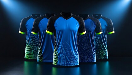 Five blue and black sports jerseys with green accents displayed under spotlights, showcasing athletic apparel designs.
