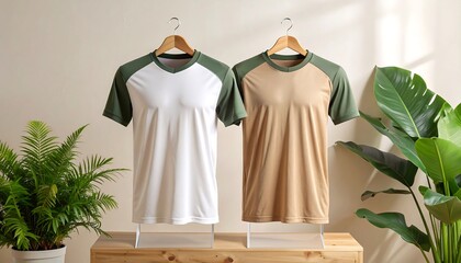 Two casual raglan t-shirts, one white and one tan, with olive green sleeves, displayed on hangers with green plants in a bright, minimalist setting.