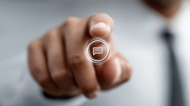 Digital Interaction: A person's hand and finger pointing at a translucent dialogue icon. This image captures the modern digital interaction with the application or website. 