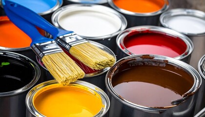 Vibrant paint cans and brushes ready for creative projects in a bright workspace