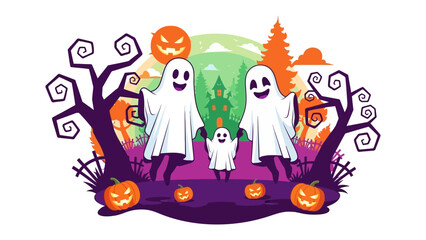 Naklejka premium Spooky Halloween Scene: A whimsical Halloween scene depicts a family of ghosts frolicking in a festive, artistic celebration, featuring pumpkins, haunted houses and dark trees. 