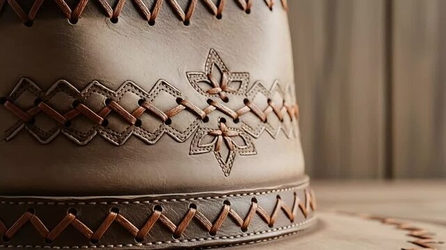 Closeup handcrafted brown leather cowboy hat with braided band and embossed floral design.