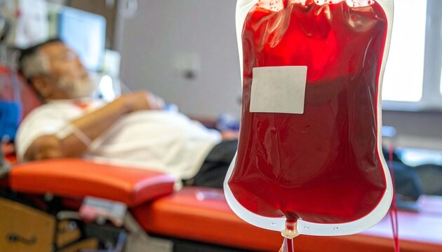 Blood collection bag for donation rests on a stand with a donor reclining during a donation event in a medical facility