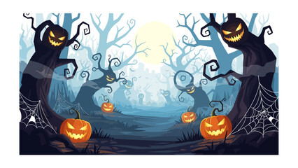 Spooky Halloween night: A eerie halloween illustration of jack-o'-lanterns in spooky environment.