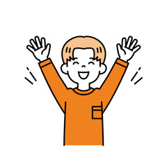両手を広げて笑顔でバンザイする、若い男の子のシンプルな上半身ベクターイラスト素材