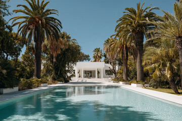 Fototapeta premium Mediterranean villa with palm trees, swimming pool in front, bright sunny day