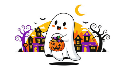 Halloween Ghost with Candy: A friendly ghost floats through a spooky town on Halloween night, carrying a pumpkin basket filled with treats. The illustration is filled with charming details. 