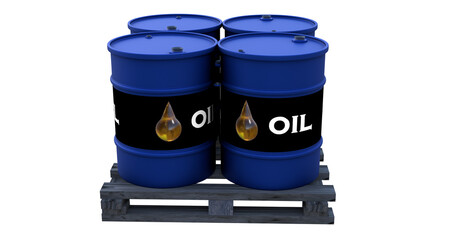Blue oil barrels with black labels, golden oil drop icons, and the word OIL, placed on a wooden pallet. 