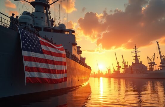 American flag draped across military ship at sunrise. Uniformed sailors stand on deck. Naval shipyard with cranes, calm water reflection. Patriotic naval scene honoring armed forces.