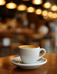 Fototapeta premium Cup of coffee on table in American-style café with blurred background featuring bokeh lights and tables