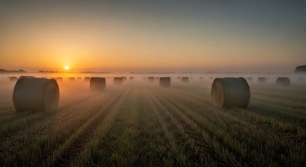 Sunrise over foggy field with hay bales.