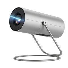 Modern cylindrical spotlight projector emitting a bright blue beam of light isolated on transparent background