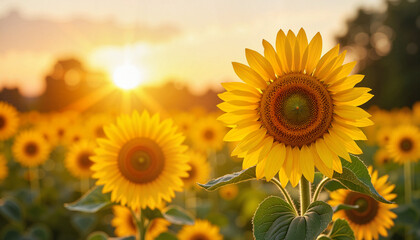 Obraz premium Bright Yellow Sunflowers in Warm Evening Light