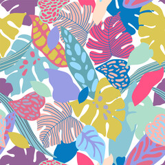 Abstract floral geometric shapes seamless pattern. Geometric floral background: doodles, scribbles, abstract flowers leaves. Colorful organic forms. Vector illustration for textile fabric print design