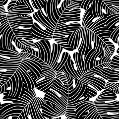 Abstract natural floral seamless pattern. Foliage background: minimal organic leaves. Tropical wallpaper with striped monstera leaves. Vector minimalist illustration for textile fabric print design