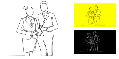 Continuous line drawing of businesswoman and businessman in formal suit standing together.One line art illustration symbolizing corporate employees,professional teamwork,partnership,and leadership.
