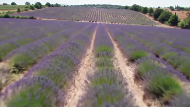 Expansive lavender fields stretch towards rolling hills under a clear sky.