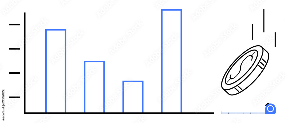 Poster bar graph showing varied data values alongside a falling coin symbolizing economic activity, growth,