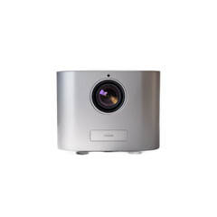 Modern silver mini projector with dark lens displayed front facing isolated on transparent background