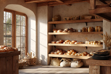 Rustic bakery interior with bread and pastries on wooden shelves, warm natural lighting