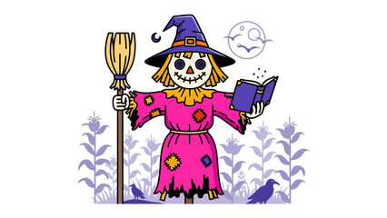 Enchanting Scarecrow and Magic Spell: A charming scarecrow comes to life in a whimsical illustration, its eyes lit with spellbinding knowledge as it reads from a mystical book under a harvest moon.